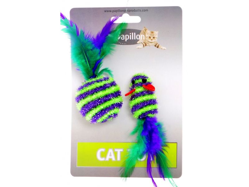 Papillon Набор "Мышка и мячик с перьями" для кошек, текстиль, в полоску, 5 см и 4 см - Фото