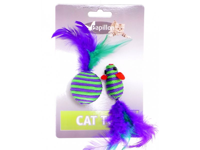 Papillon Набор "Мышка и мячик с перьями" для кошек, вязанные, 5 см и 4 см - Фото