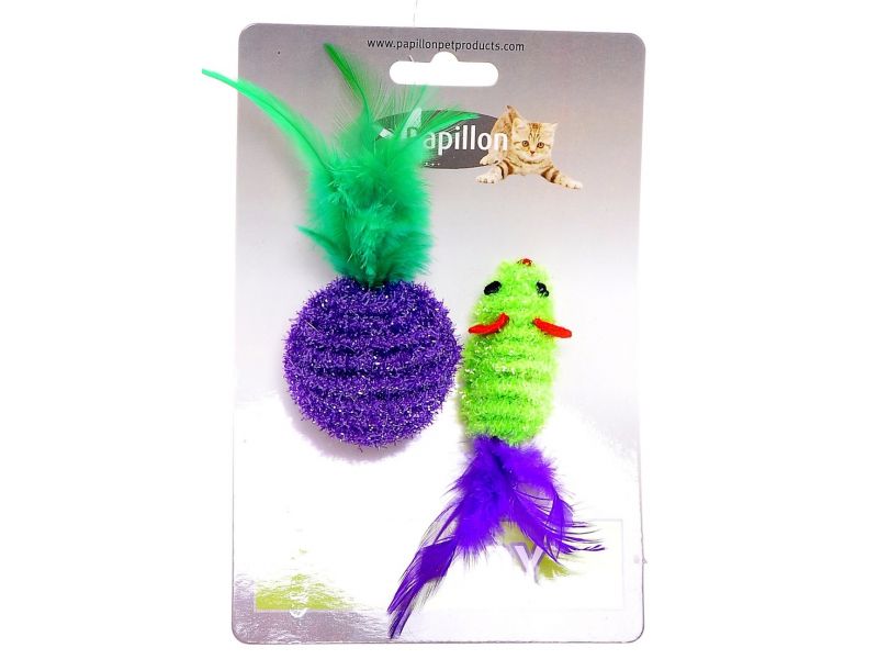 Papillon Набор "Мышка и мячик с перьями" для кошек, двухцветные, 5 см и 4 см - Фото