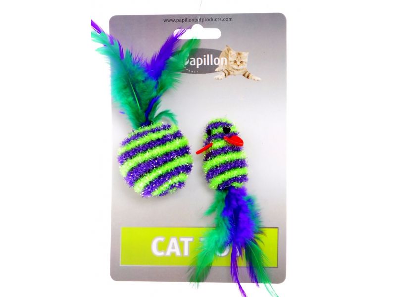 Papillon Набор "Мышка и мячик с перьями" для кошек, пушистые в полоску, 5 см и 4 см - Фото