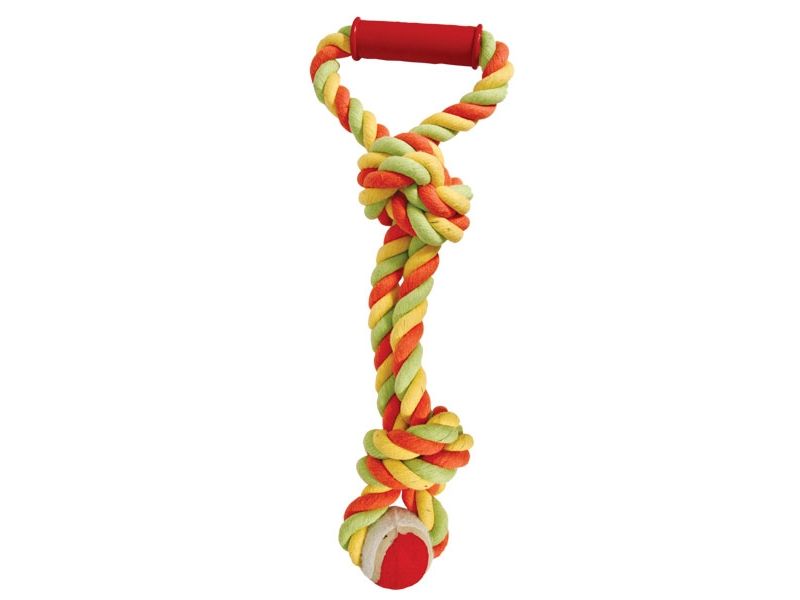Triol игрушка для собак "Верёвка с ручкой, 2 узла и мяч", 46 см - Фото