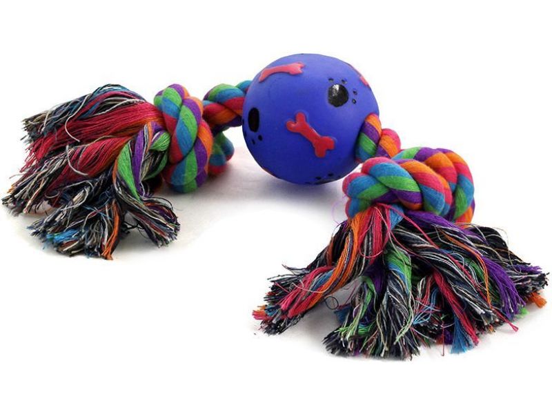 Triol Верёвка цветная "Два узла" с мячом косточки-лапки, 17 см - Фото