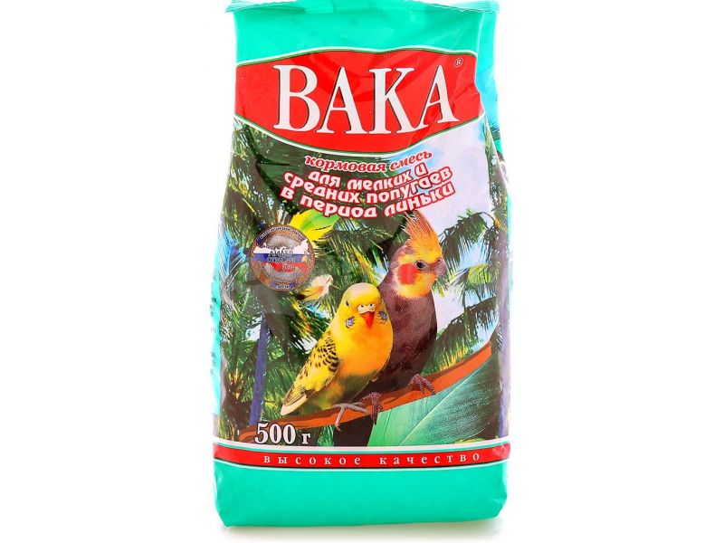 ВАКА "Высокое Качество" сухой корм для мелких и средних попугаев в период линьки, 500 гр - Фото