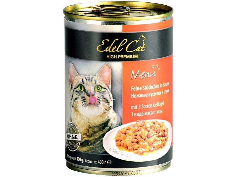 Edel Cat Консервы "Нежные кусочки в соусе: 3 вида МЯСА", для кошек, 400 гр   - Фото