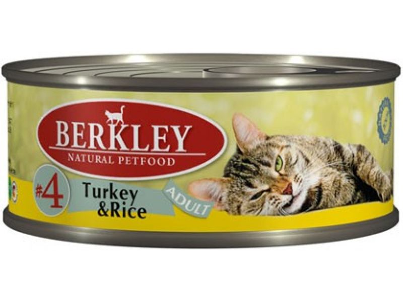 Влажный корм (консервы) Berkley с ИНДЕЙКОЙ и РИСОМ для КОШЕК (Adult Turkey&Rice), 100 г  - Фото