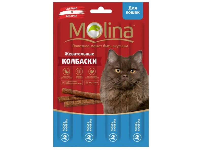 Molina Жевательные колбаски "Лосось и форель", для кошек, 20 гр  - Фото