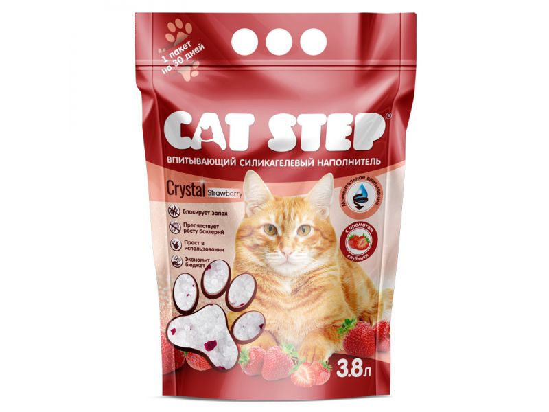 Cat Step Наполнитель "Клубника" силикагелевый впитывающий для кошек (Crystal Strawberry), 1,67 кг - Фото