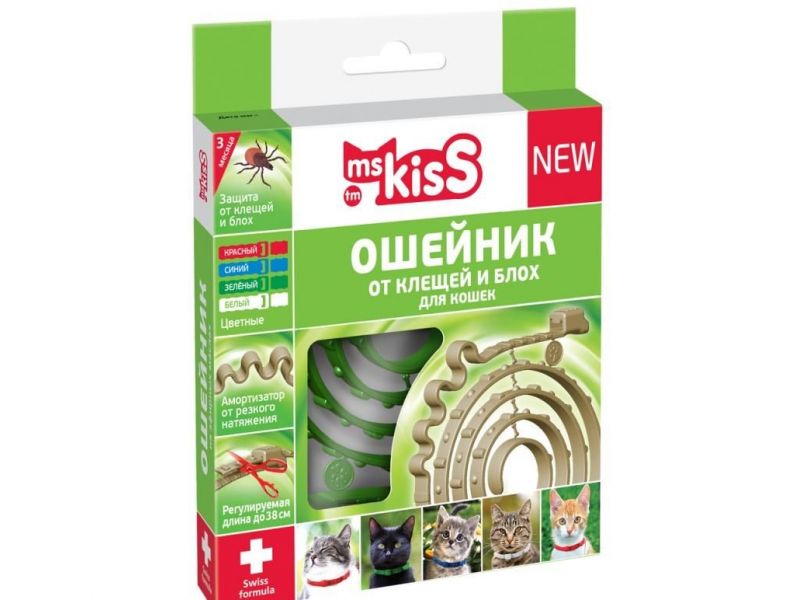 Ms KIss Ошейник от блох, клещей, комаров (защита-3мес.) для котят с 4 недель и кошек, зеленый, 38 см - Фото